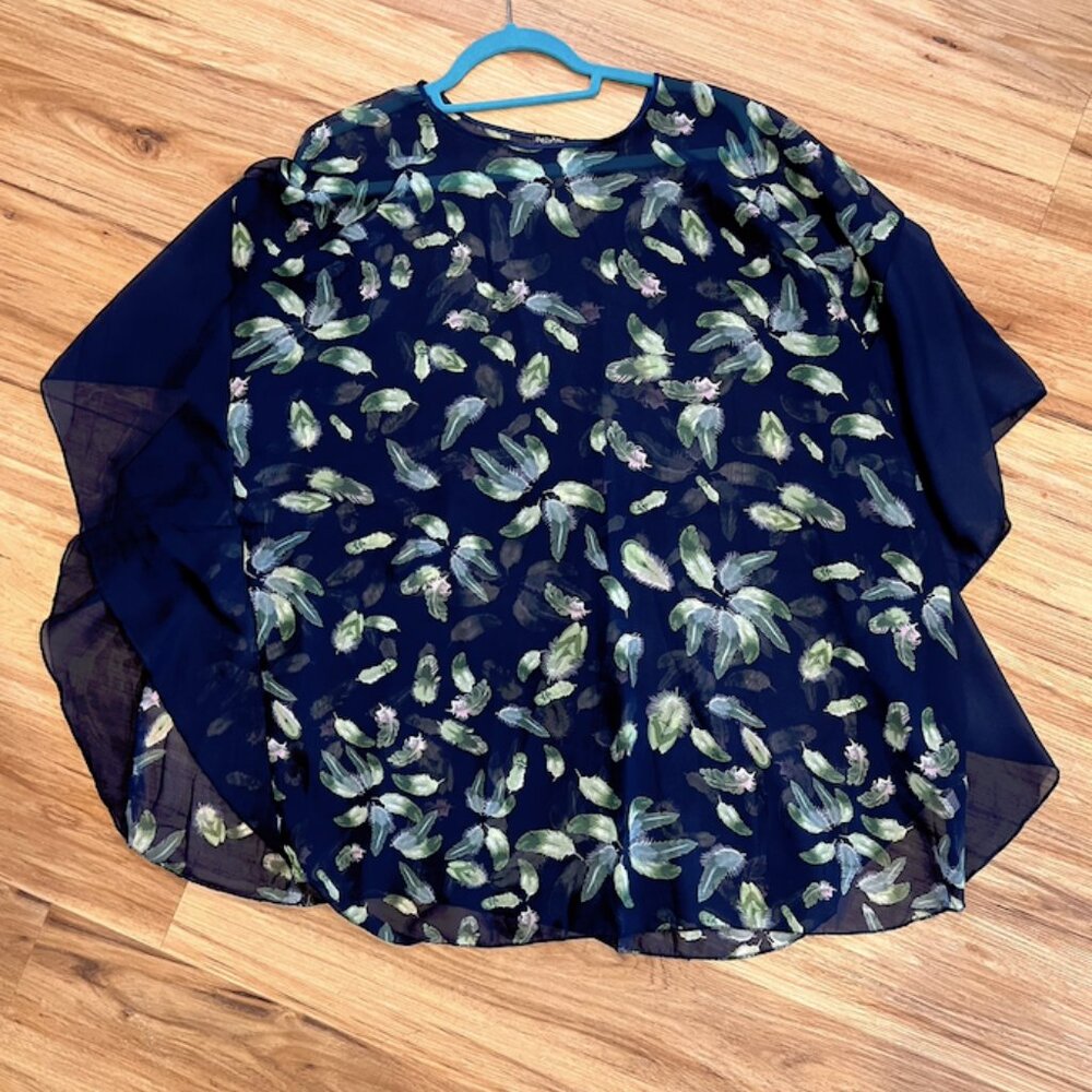 Sheer Layering Blouse - Navy with Feather Print (Green/Blush) - Spring Layering